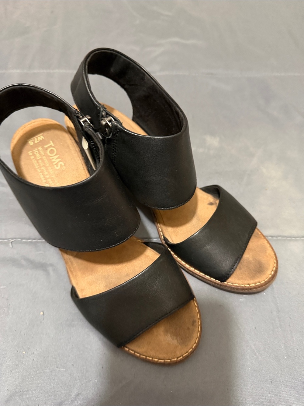 TOMS Black Leather Wide-Strap Slingback Sandals